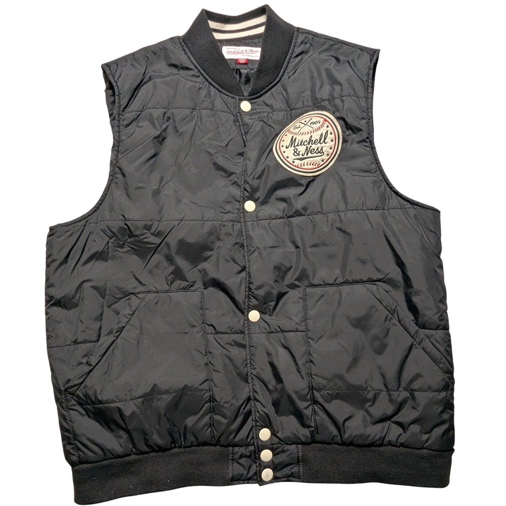 Mitchell & Ness Quilted Varsity Puffer Vest Black Mens Size XL Patch Crest Logo